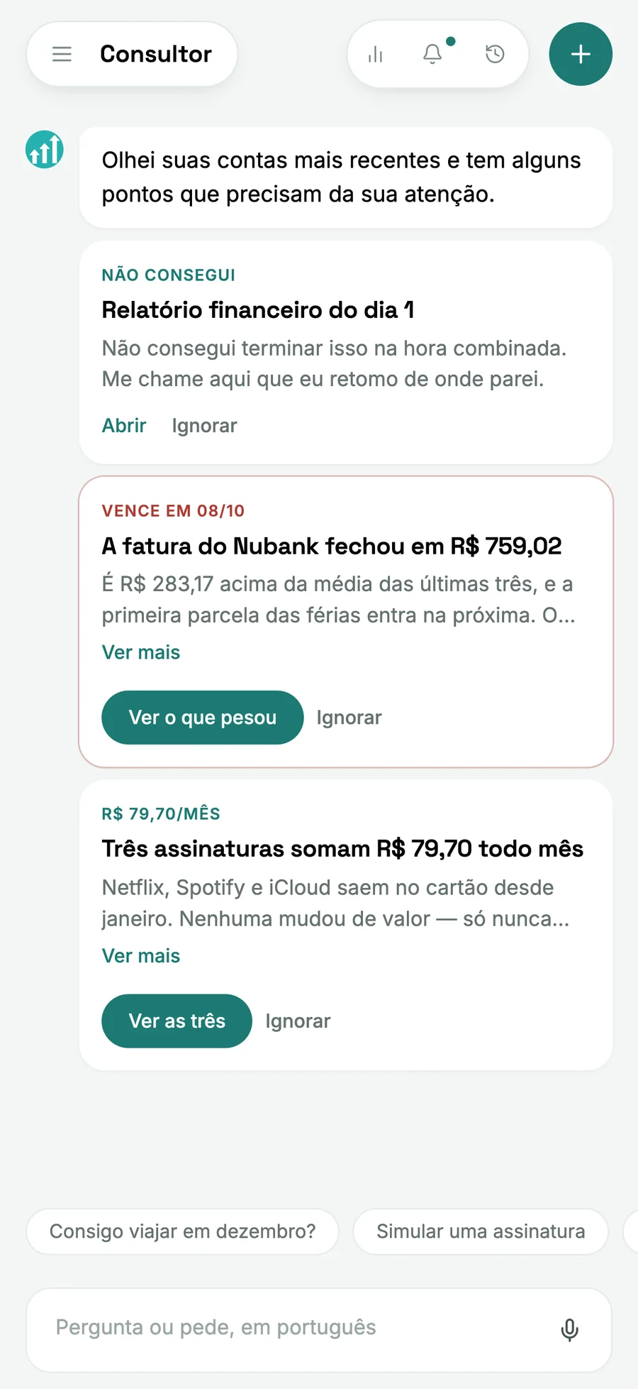 Gravação do app no celular: na tela do consultor, a pessoa toca em “Consigo viajar em dezembro?” e o consultor responde que cabe