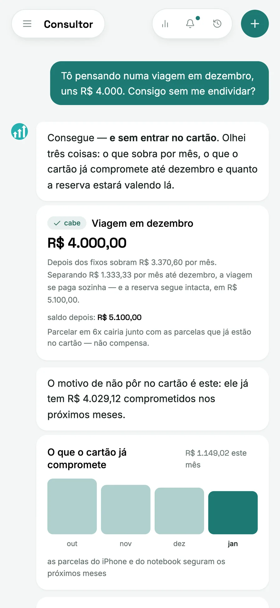 Conversa em que o consultor responde se a viagem de dezembro cabe no orçamento